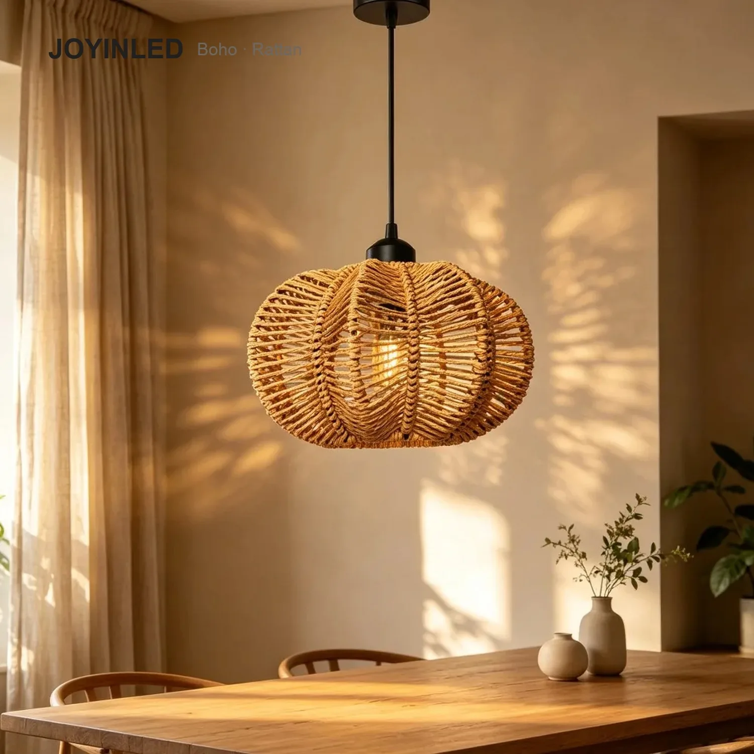 23CM Rattan Chandelier Pendant Light E27 for Living Room Handmade Wicker Lampshade Boho Hanging Light Fixture Woven Suspended