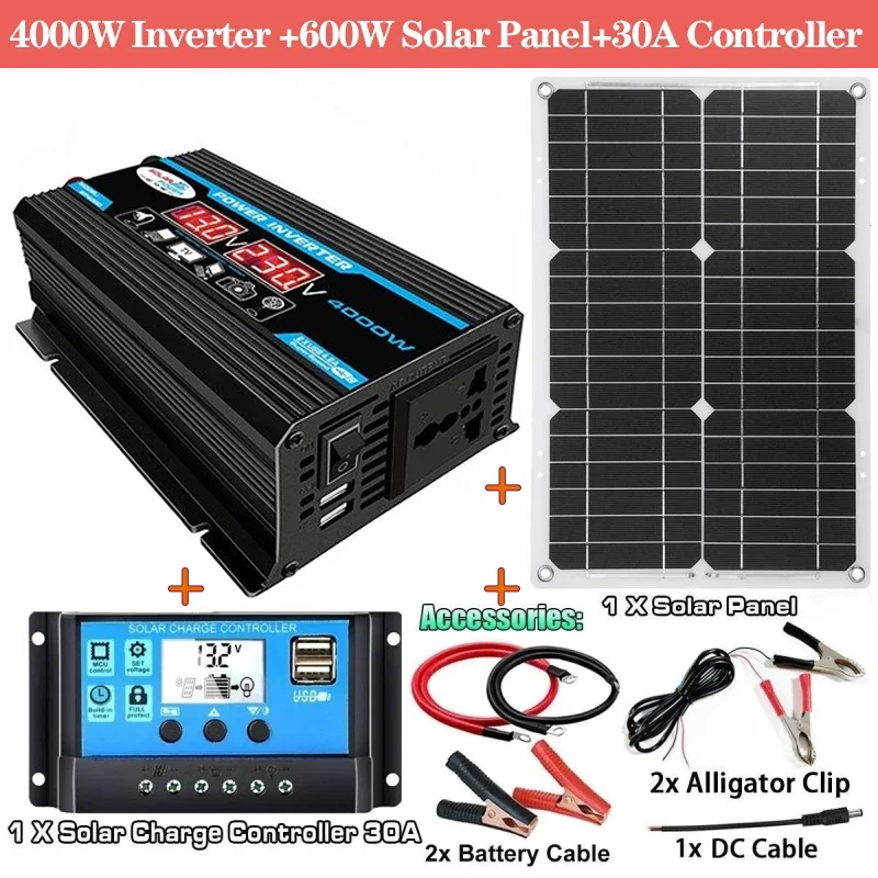 Inversor de carga de Panel Solar, 4000W, 12V a 110V/220V, controlador de batería de Panel Solar, Kit de generación de energía completa