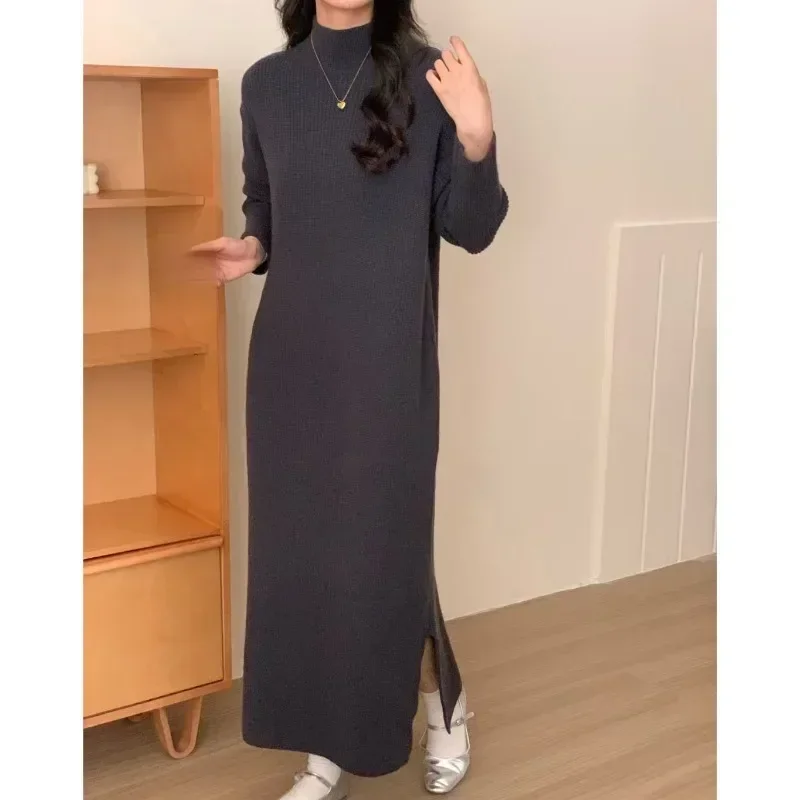 Casual Women's Semi High Neck Pit Striped Woolen Dress for Autumn and Winter  NewFashion StyleLoose SlitInner Layer Bottom Dress