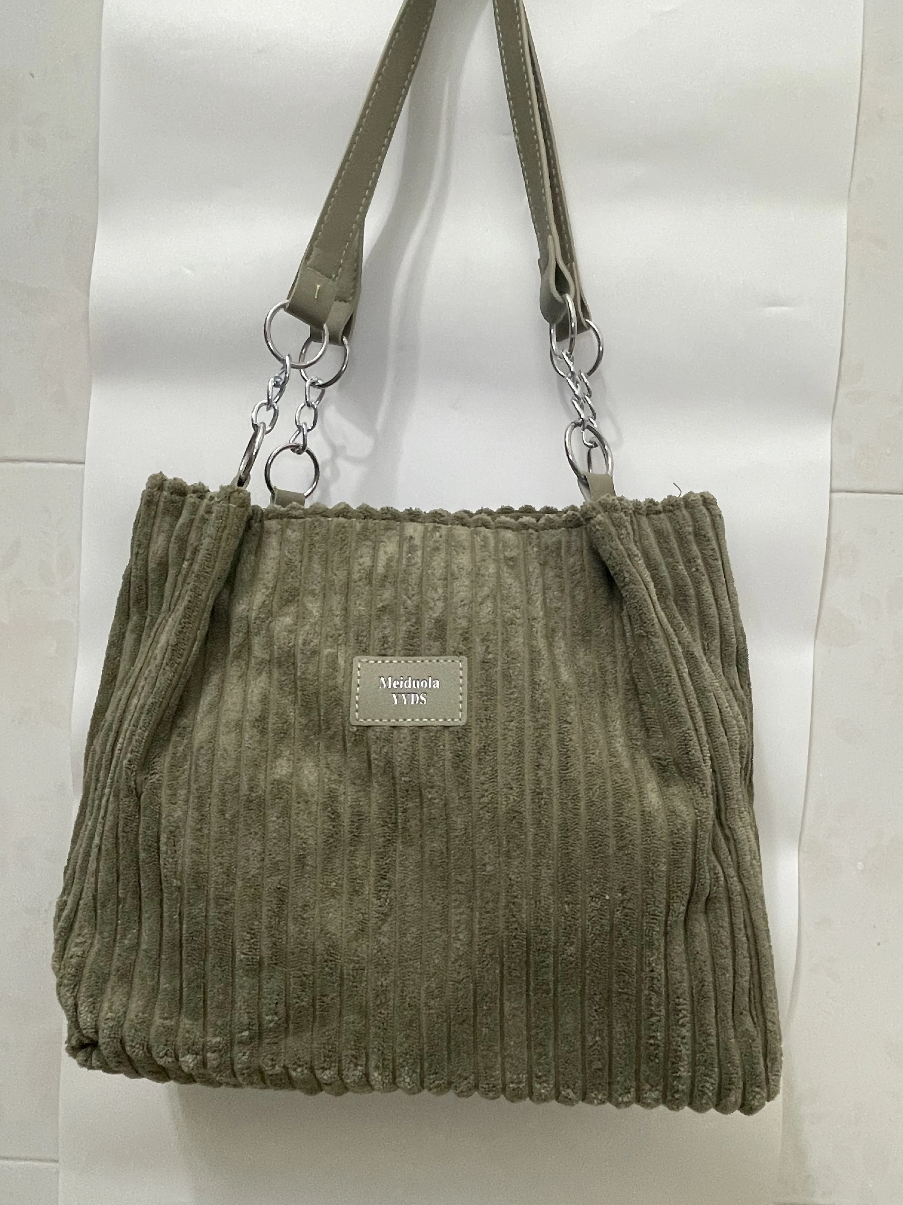 Large Capacity Corduroy Tote Bag Chain Handbag Shoulder Bag for Women, Polyester Lining, Zip Closure, Black, Beige, Khaki, Green