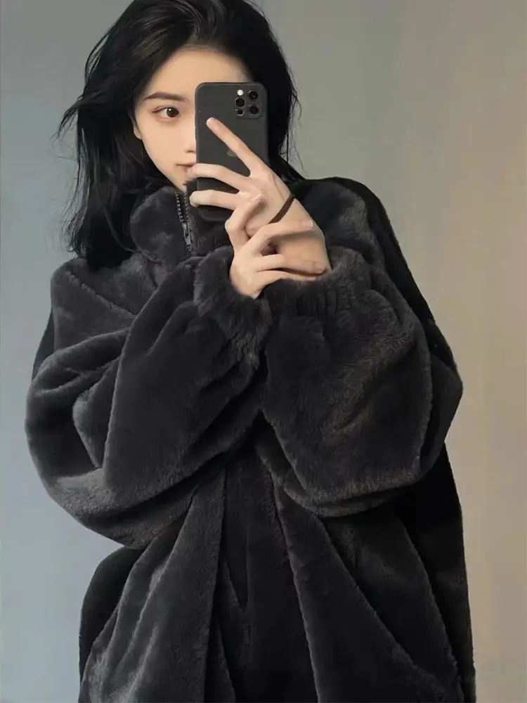 Korean Black Faux Rex Rabbit Fur Coat Women's 2023 Winter New Plush Fur Coat Versatile Loose Imitation Mink Velvet Winter Jacket