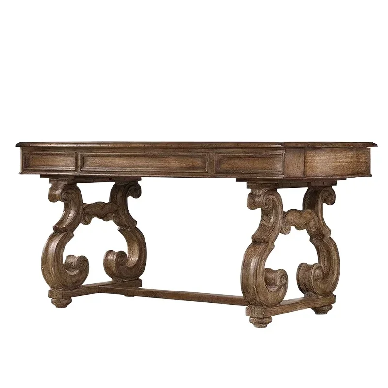 Solid wood European retro carved office computer desk, home student writing desk study table