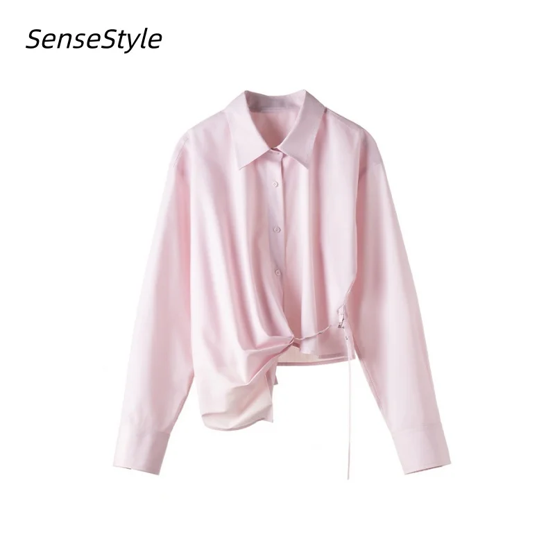 

Spring Asymmetrical Pleated Tie-up Shirts Women Slim Short Long-Sleeve Cool-Feel Casual Top