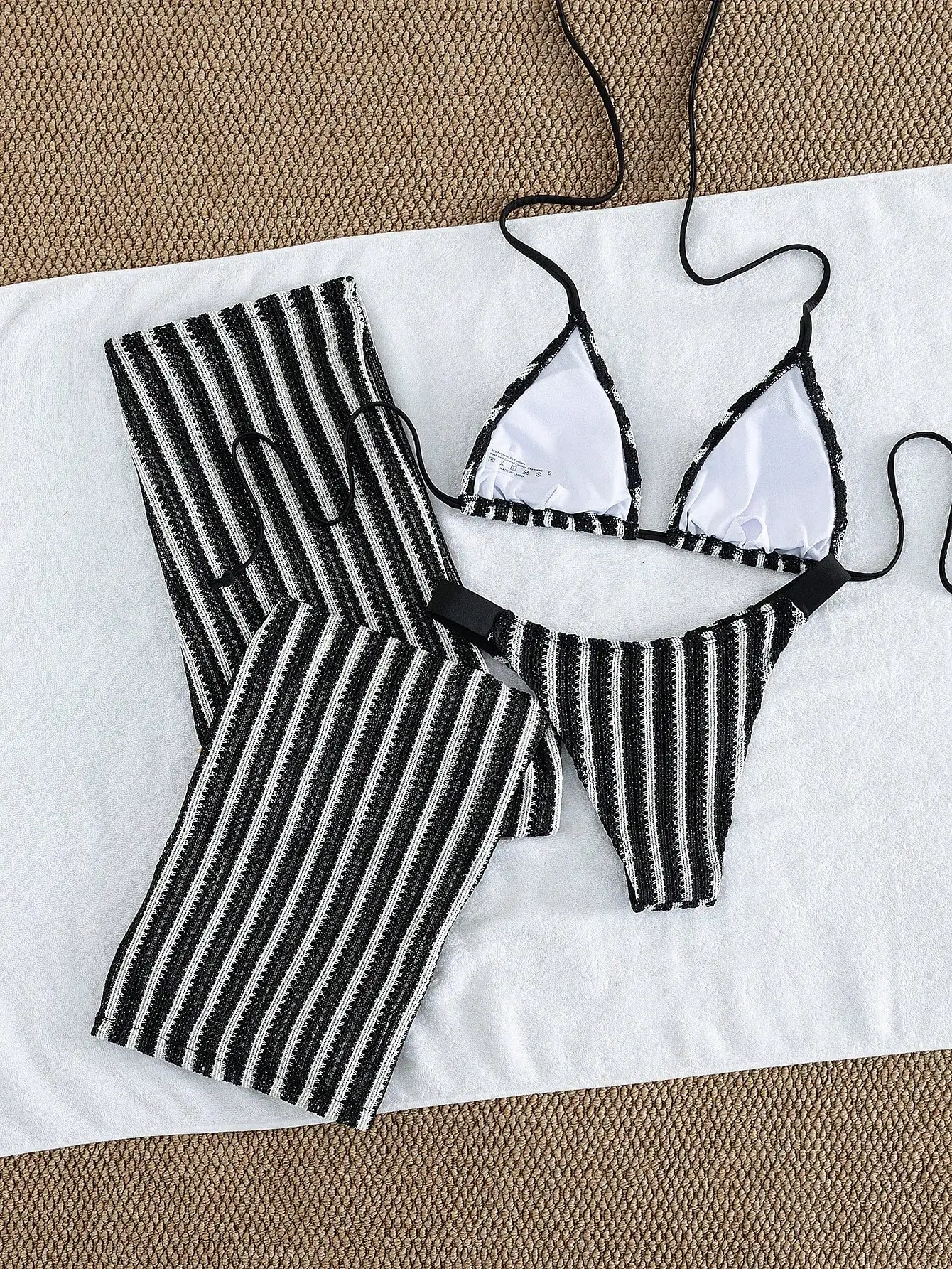 

3pcs Striped Knit Bikini Set Triangle Top Low Waist Briefs Wide Leg Pants Beach Vacation Swimwear