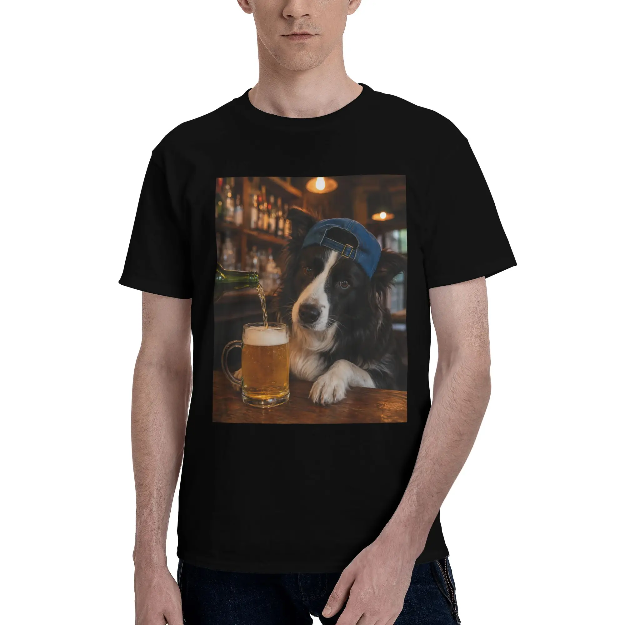 Men Women Graphic Printing Border Collie Drinking Beer Funny Dog Meme  T Shirt Tee 100% Cotton  T-shirts Clothing