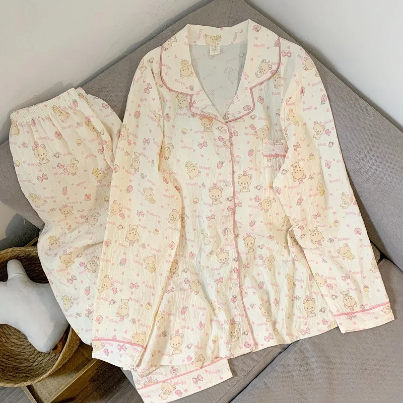 Harajuku حجم كبير الحلو لطيف المرأة منامة الخريف جديد التلبيب الرقبة 2025 2 قطعة دعوى ملابس خاصة فام Kawaii ملابس منزلية غير رسمية