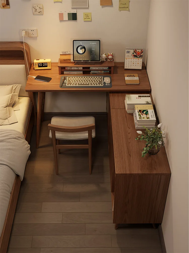 Solid wood corner desk bookcase combination, student Ll font writing desk, telescopic single and double computer desk