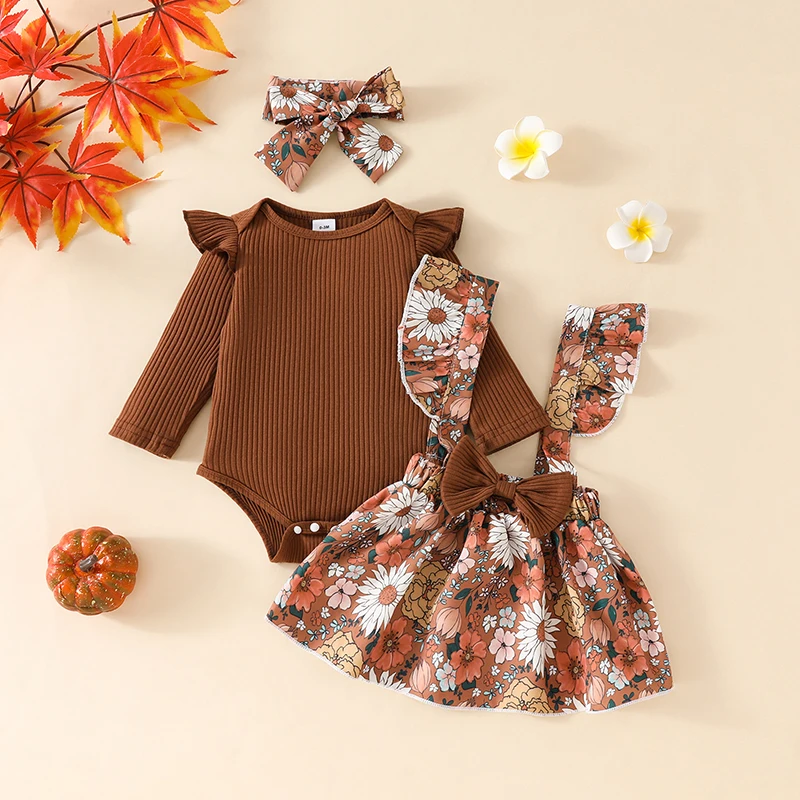 

Baby Girls Set Long Sleeve Ruffled Trim Romper Floral Overalls Skirt Headband Adorable Outfits