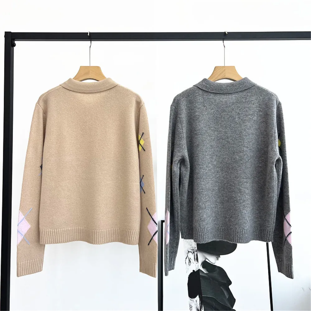 25 Autumn/Winter New Women's Sweater Diamond Check Contrast Pullover Lapel Button Long Sleeve Cashmere Knitted Top