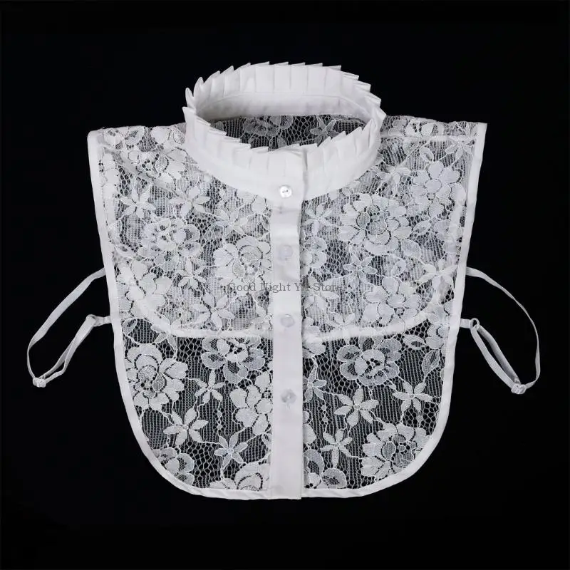 Ruffled Stand Collar Insert with Soft White Lace, Front Button Closure, and Side Straps, Decorative Neckpiece for Outfit Blouse