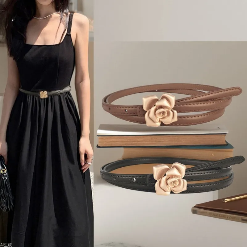 New Leather Women's Thin Waist With Women's Flower Corset Waist Thin Cowhide Women's Belt With Sweater Dress Women's Model