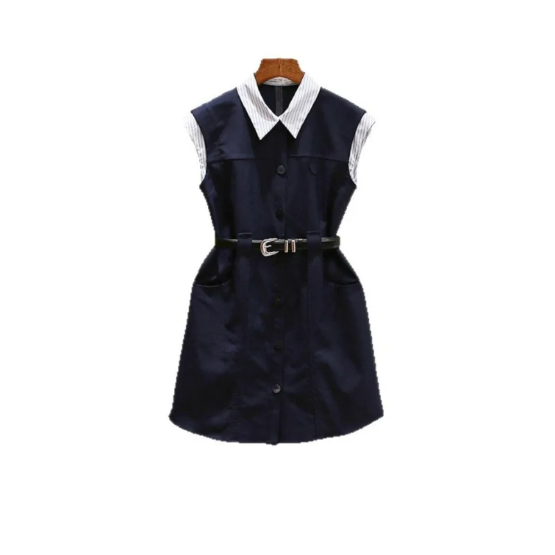 High-end Women's Clothing Summer New French Contrasting Color Striped Lapel Fake Two A-word Suit Dress Exquisite Simple Casual