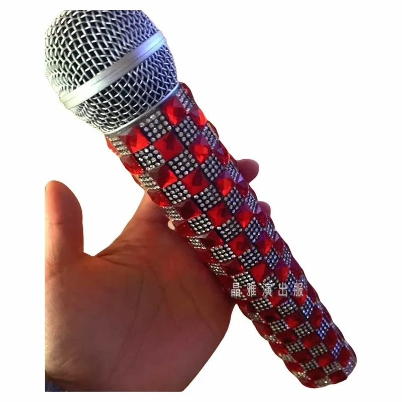 Sparkling Diamond Customized Nightclub Bar Stage Microphone Set, Wedding KTV Microphone Decoration, Handheld Red
