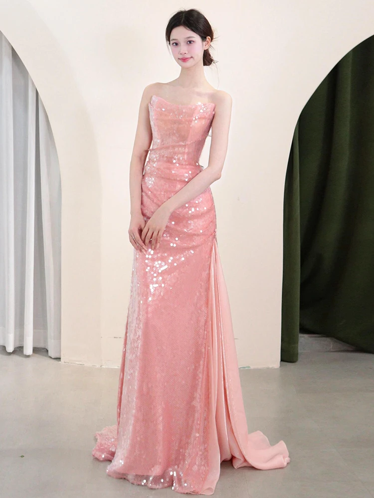 

Розовое платье для девичника с силуэтом «рыбий хвост» и без бретелек, роскошное вечернее платье с пайетками для женщин, в корейском стиле, для свадьбы