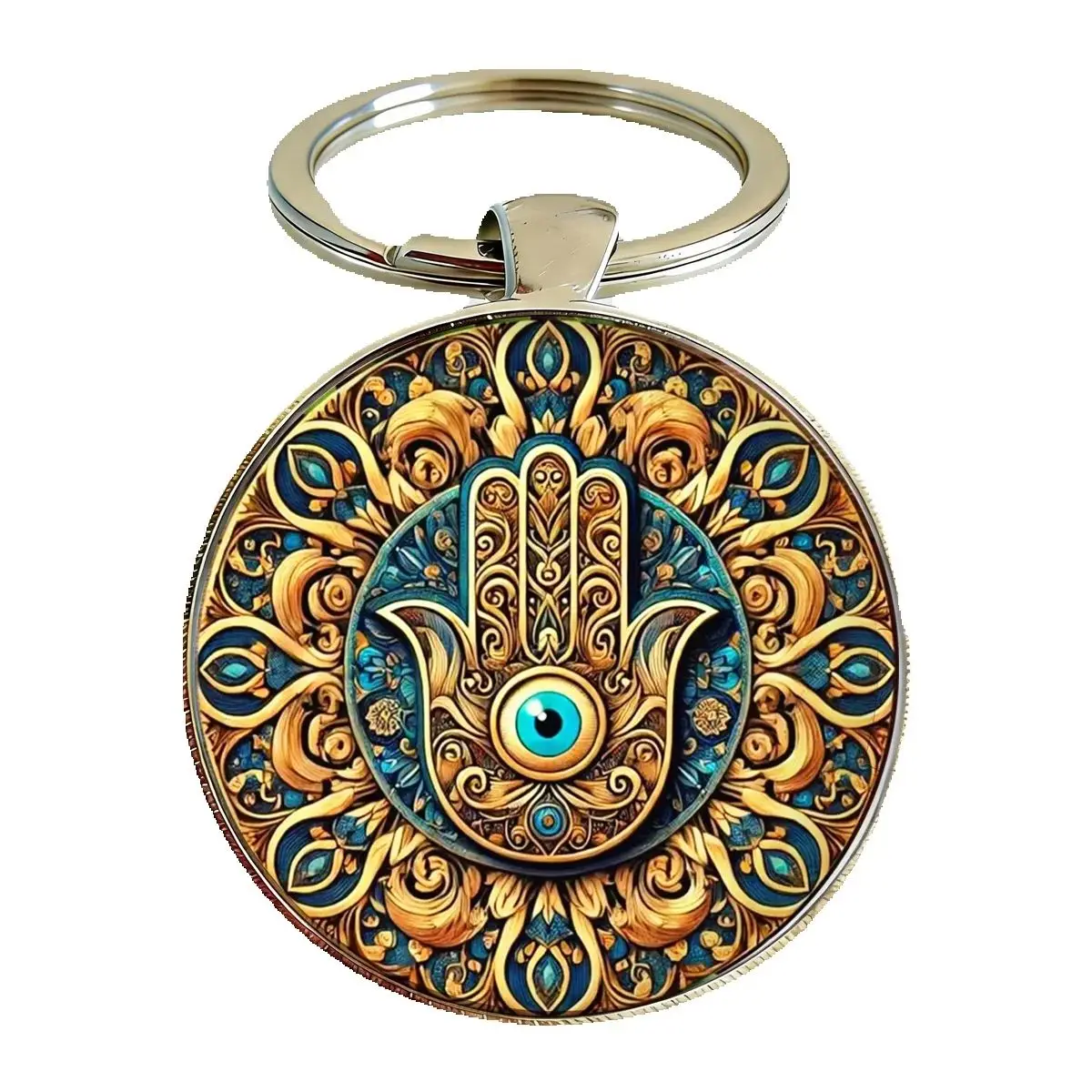 1PC Vintage Hamsa Hand & Evil Eye Keychain, Blue Gold Green Mandala Hindu Decor, Glass Dome Metal Unique Charms for Yoga Lovers