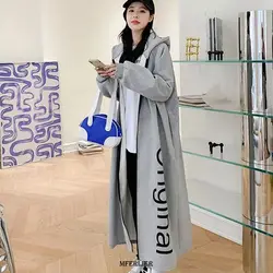 Plus Size 6XL 150kg Women Fleece Trench Coat With Zipper Solid Color Winter Female Hooded Long Coat Ladies Casual Streetwear