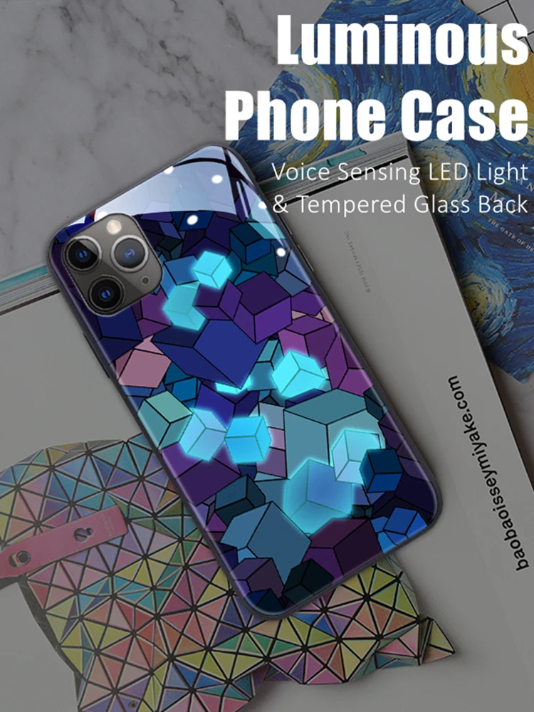 

Cube Pattern Colorful LED Light Glow Luminous Tempered Glass Phone Case for OPPO Reno 4 5 6 7 8 9 Find X5 Realme X50 Pro Plus SE