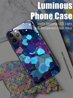 Cube Pattern Colorful LED Light Glow Luminous Tempered Glass Phone Case for OPPO Reno 4 5 6 7 8 9 Find X5 Realme X50 Pro Plus SE