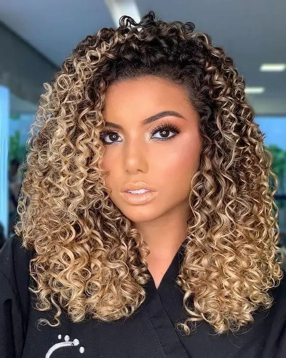 

Women Long Curly Synthetic Hair Ombre Black & Brown Mix Blonde Wig Soft Hair