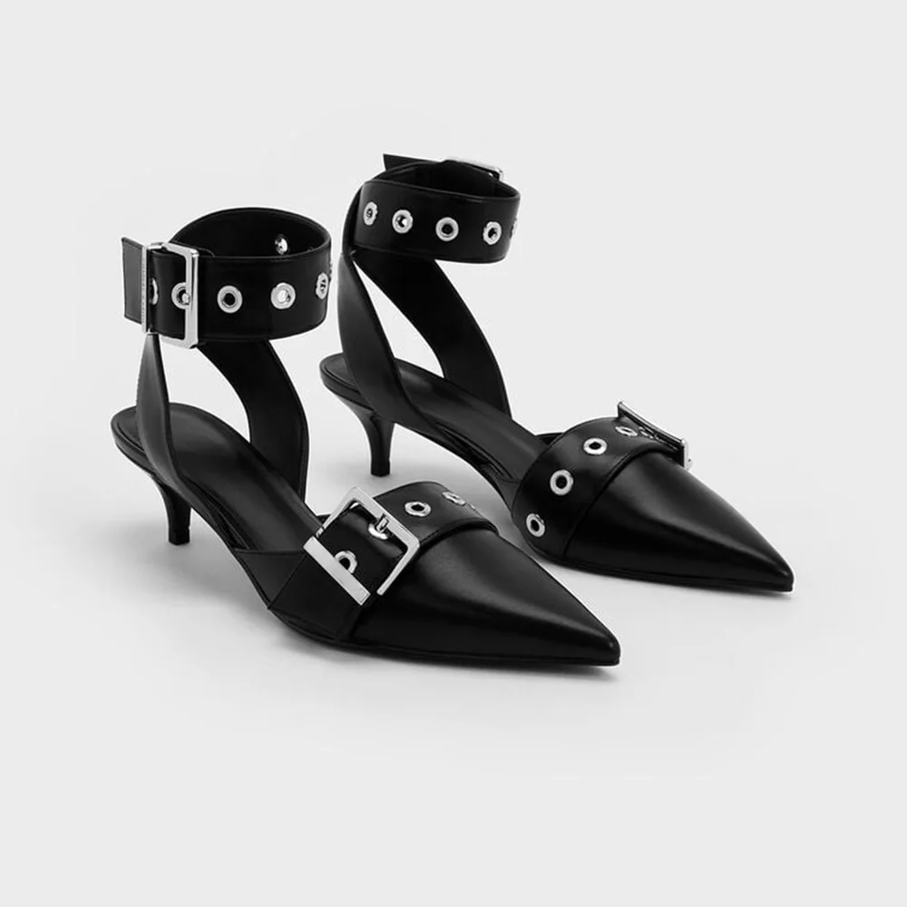 

2024 Spring Women's Fashion Sandals Belt Buckle Metal Rivet Pointed Toe Roman Mid-Heel Sandals Ankle Strap Shallow Black/white