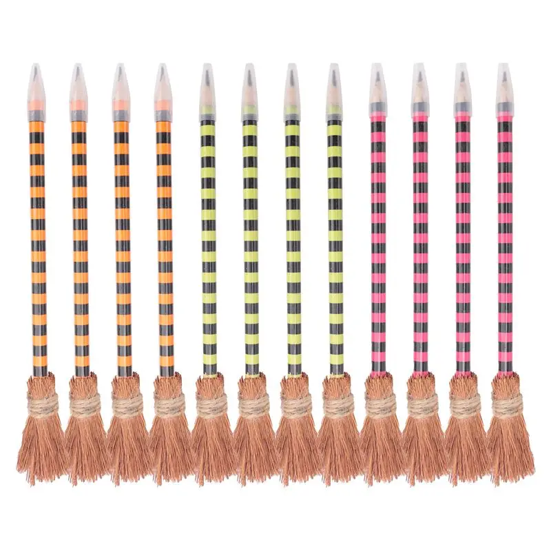 AEE6-12 Piece Halloween Witch Broom Pencil Colorful Witch Broom Pens Wizard Broom Writing Pencils