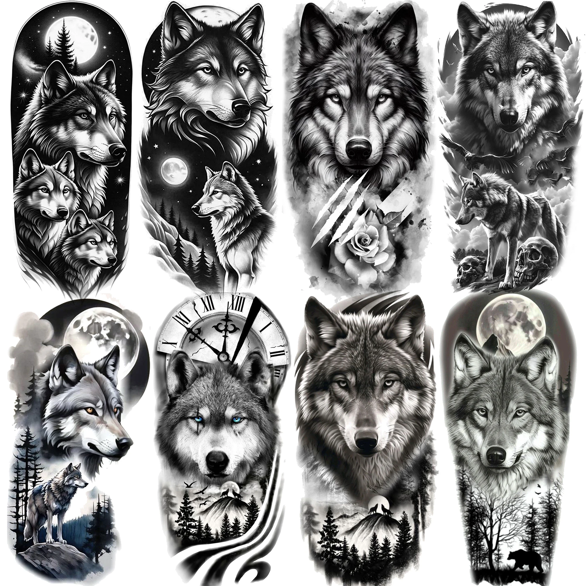 1 Sheet 3D Forest Tribal Wolf Moon Temporary Tattoos For Men Women Adults Long Lasting Waterproof Realistic Fake Tattoo Sticker