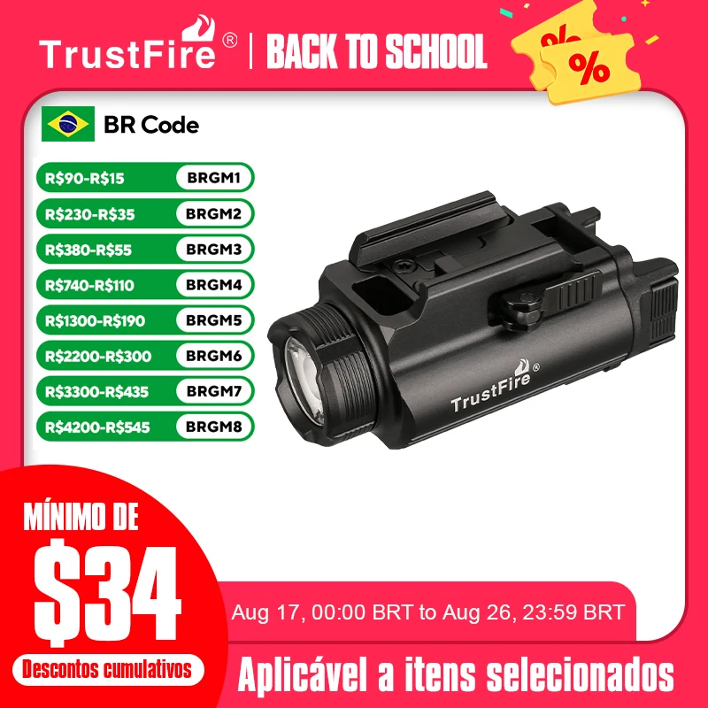 [Em estoque] Lanterna Tática Trustfire GM35 1350 Lúmens, Recarregável via USB Tipo C, para Glock Picatinny
