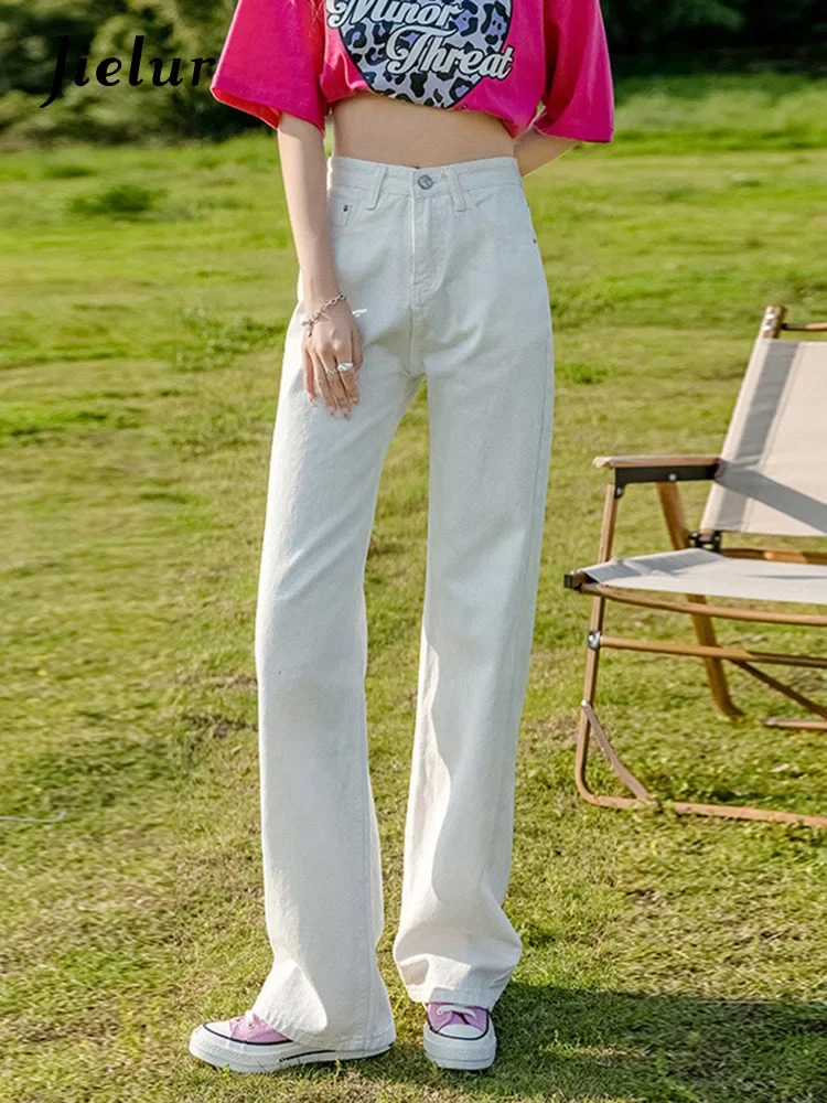 

Jielur White Loose Straight Women's Jeans Korean Style High Waist Solid Color Full Length Fashion Simple Female Wide Leg Pants