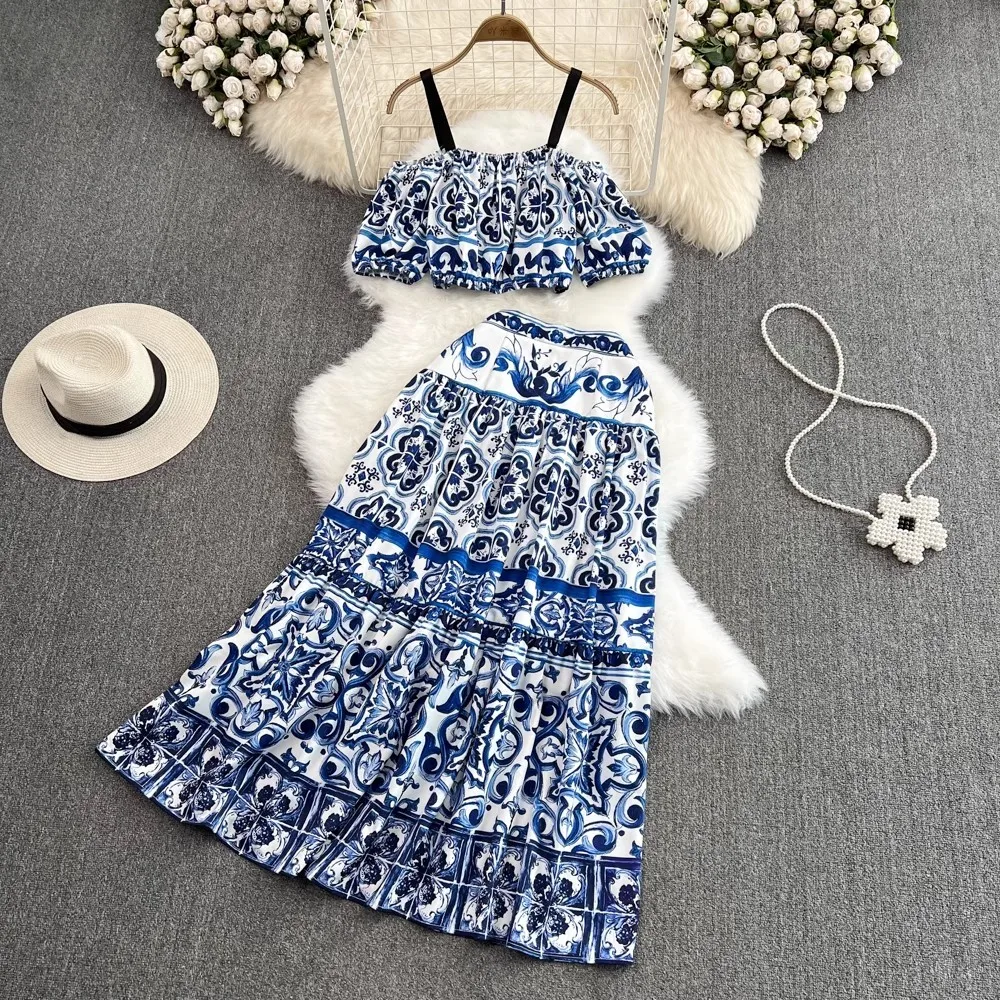 Summer Runway Holiday Blue and White Porcelain Print Two Piece Set Women Short Puff Sleeve Strap Elastic Top＋Maxi Skirts Suit