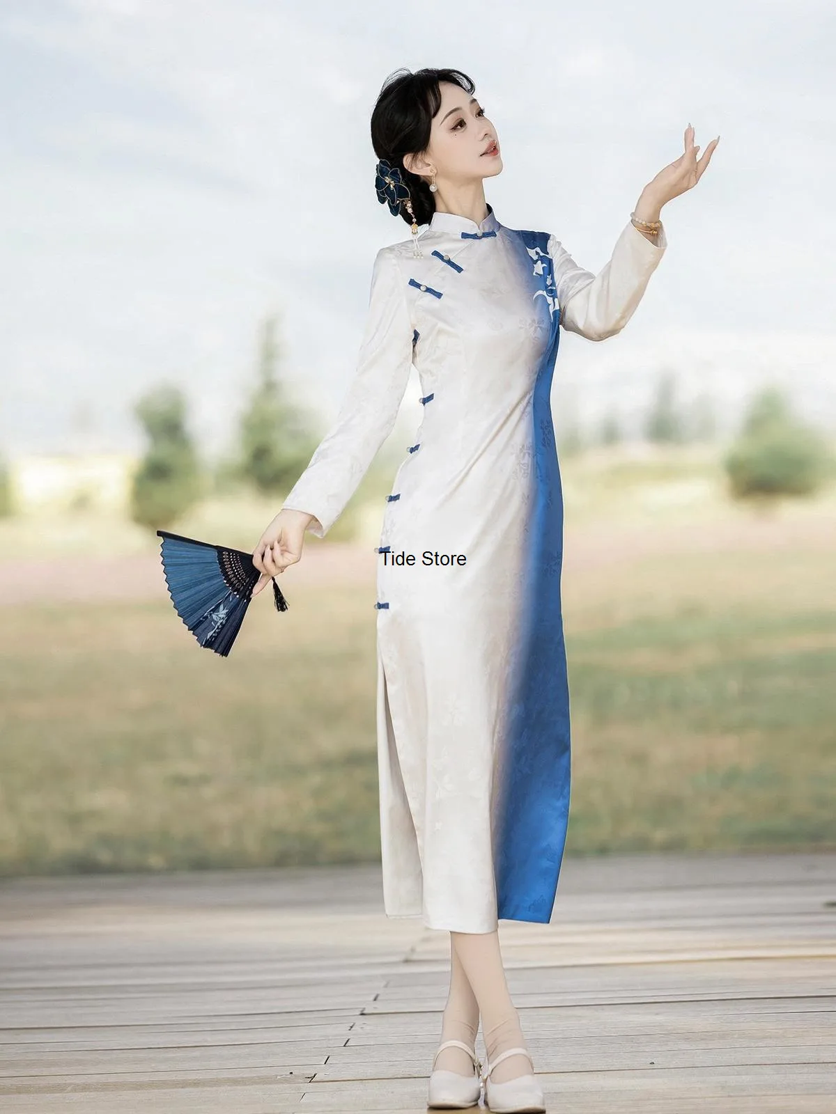 نافذة زهرة الأزرق مصبوغ تحسين Hanfu المرأة الجديدة النمط الصيني هان عنصر فستان طويل الأكمام شيونغسام الربيع