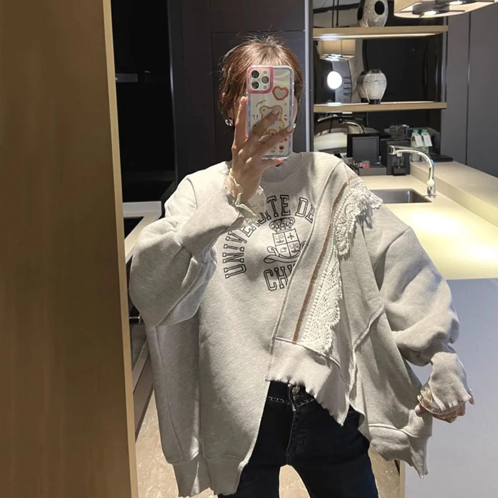 Korean Style Autumn Winter Sweatshirts Woman Clothing Sweet Lace Splice Irregular Pullovers Female Thicken Letter Print Hoodies