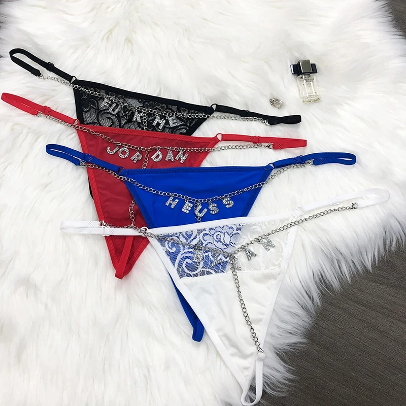 Sexy Customized Crystal Letters Name Thong Waist Chain Women Personalized Lace Underwear Bikini G-String Jewelry Gift Briefs