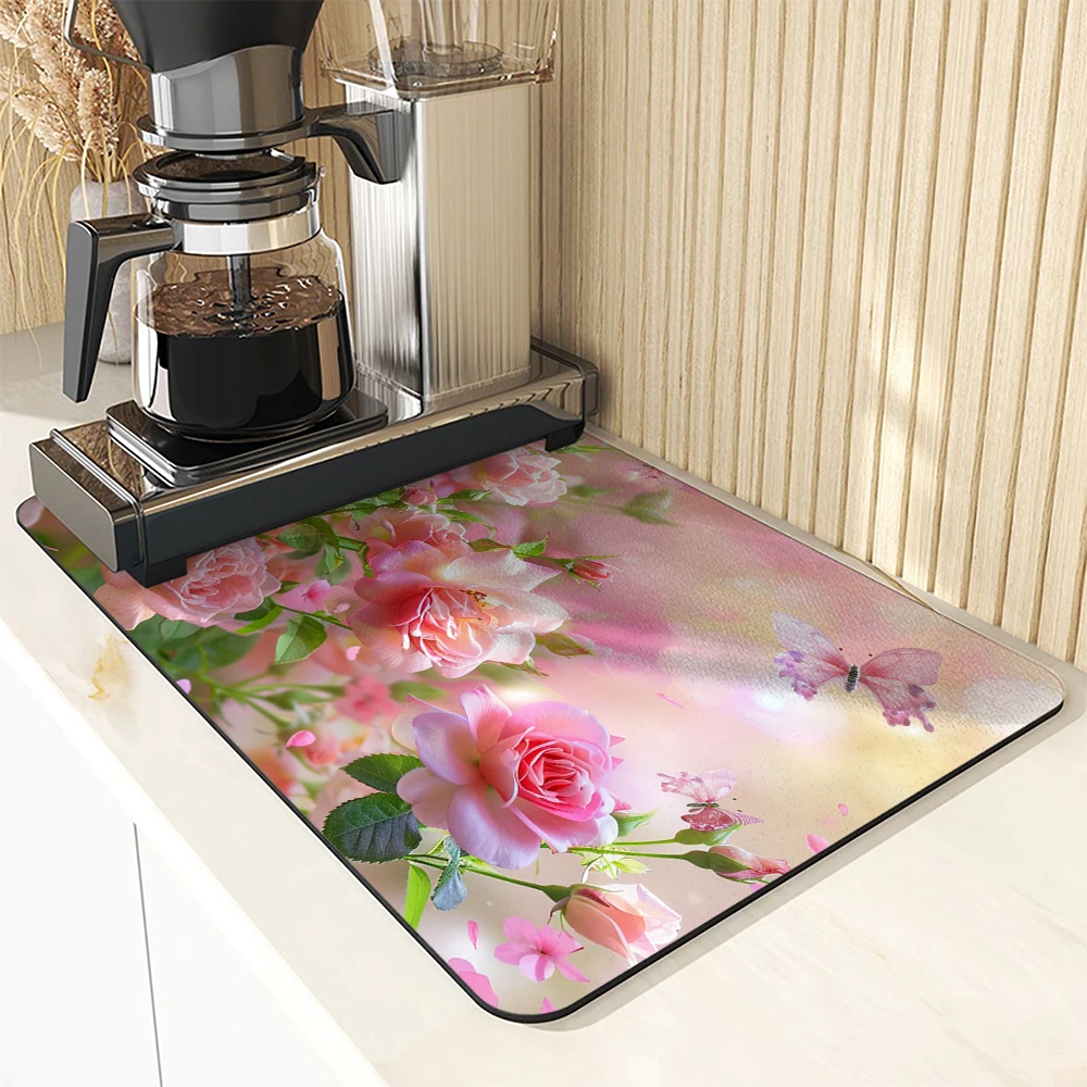 Large Kitchen Absorbent Mat Flowers Roses Antiskid Draining Coffee Dish Drying Mat Quick  Bathroom Drain Pad Tableware Mat