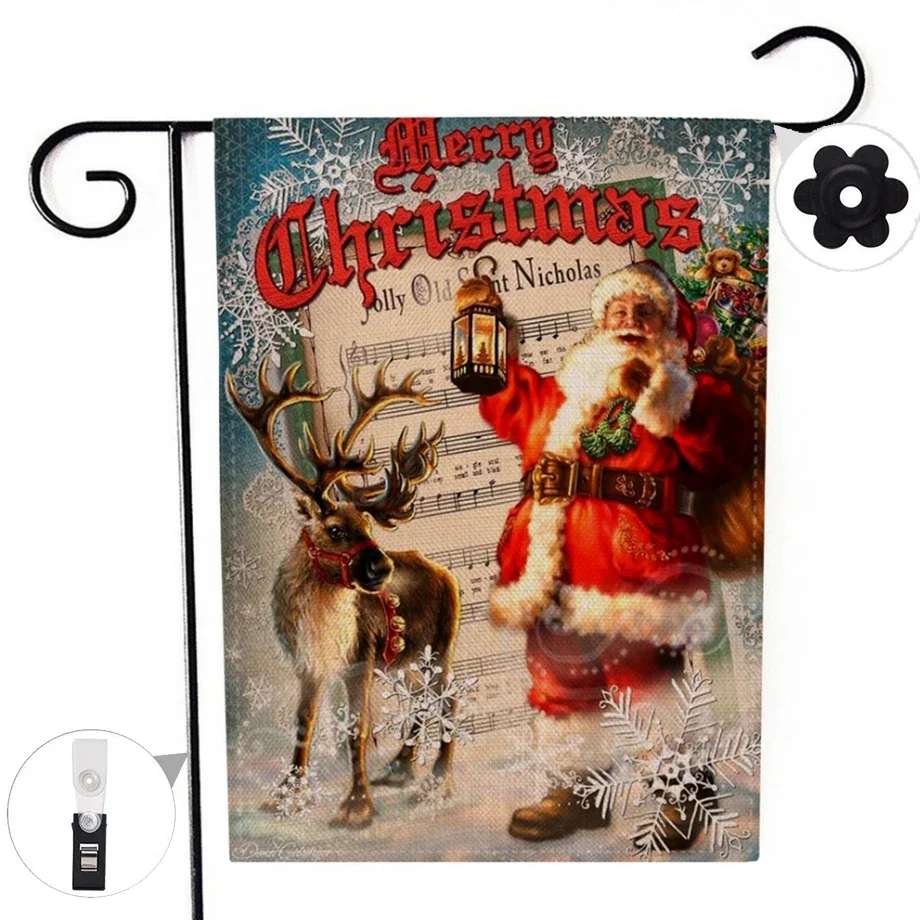 Merry Christmas Garden Flag Reindeer Santa Claus Banner with Windproof Rubber Stopper Clip 12.5\'\'x18.5\'\' 32x47cm Home Decor