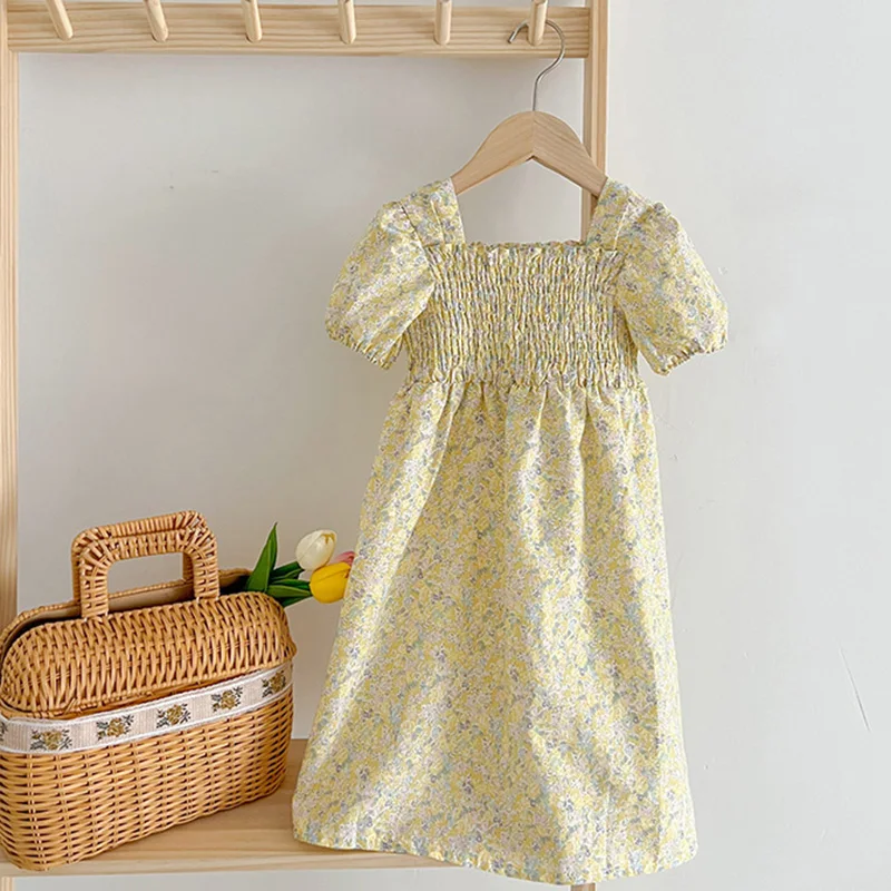 1-6Y Girl Dress Baby Girl Clothes New Yellow Flowers Dress Hand Embroidered High-Quality Short Sleeved Dress Kids Fashion Dress