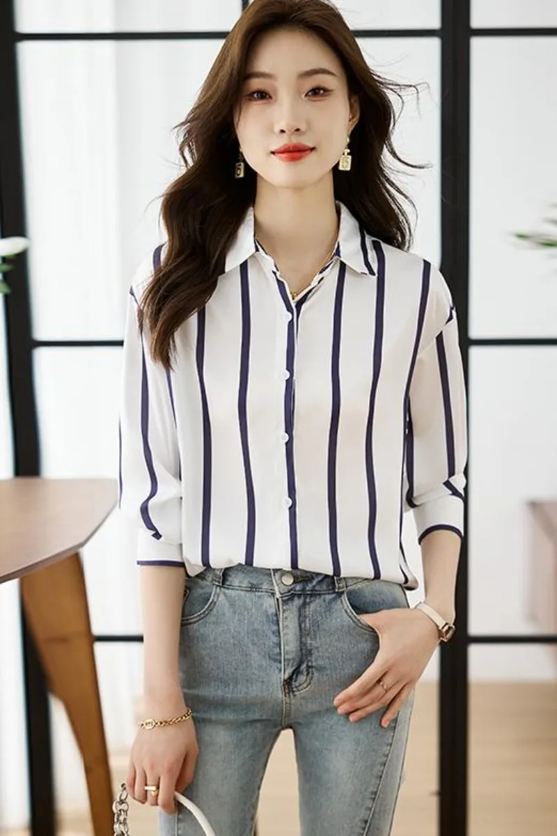 Chiffon Damen Blusen Koreanische Shirts MODE Lose Frühling/Sommer Vintage Kleidung Streifen Langarm Frauen Tops
