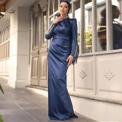 Modest Evening Dress Crystals High Collar Long Sleeves Column Evening Gowns for Women 2024 Navy Blue Satin Wedding Party Dresses