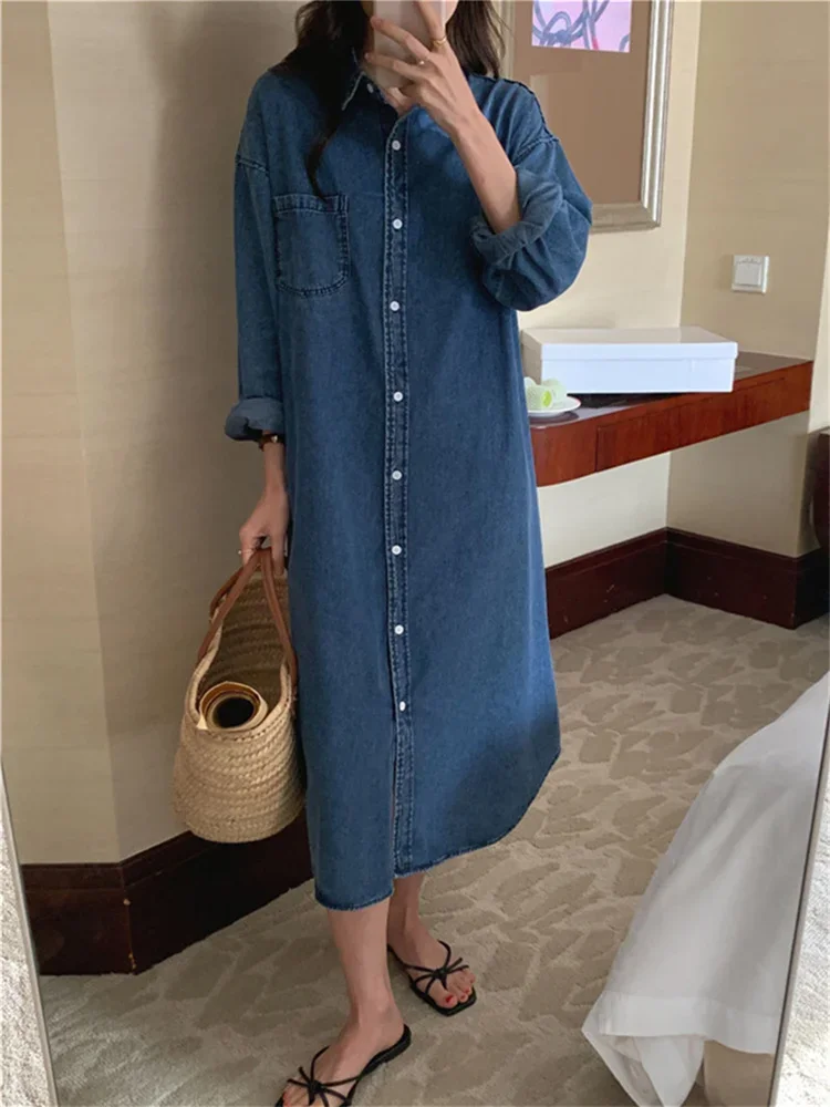 Spring Summer Women Casual Denim Shirt Dress Loose Long Sleeve Cardigan Dress Korea Ladies Womens Denim Shirt Long Dresses