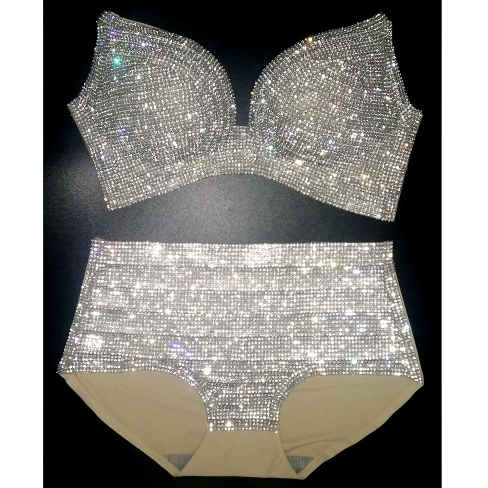 Bling Diamante Carnival Bikini Set for Women Crystal Embellished Crop Top And Panties Rave Festival Burning Man Outfit Club Wear
