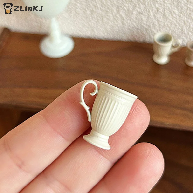 ▶1Pcs Dollhouse French Retro Mini High Foot Relief Mark Coffee Cup With Handle Miniature Scene Decoration High End Stemmed Mugs