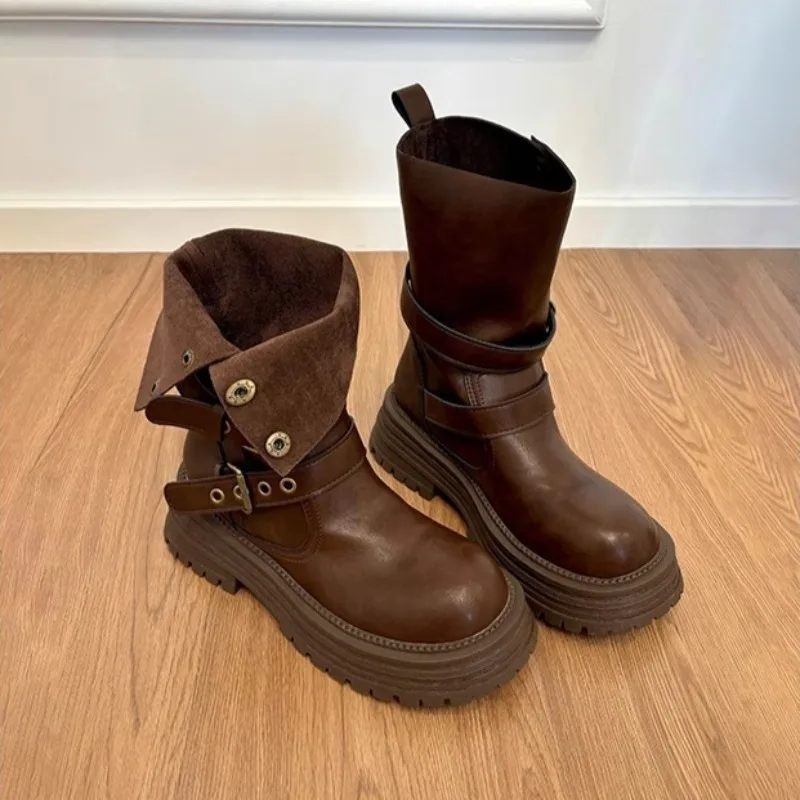 Women's Boots Fashion Retro Comfort Belt Fastener Lapel Women's Ankle Boots Chunky Platform PU Leather Knight Boots Botas Mujer
