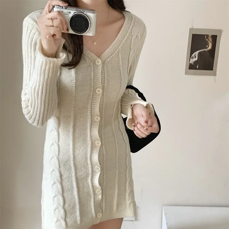 Slim Fit V-Ne Long Sve Knitted Dr Women's Single Button Twist oulder Base Layer Wrap around Skirt Dr