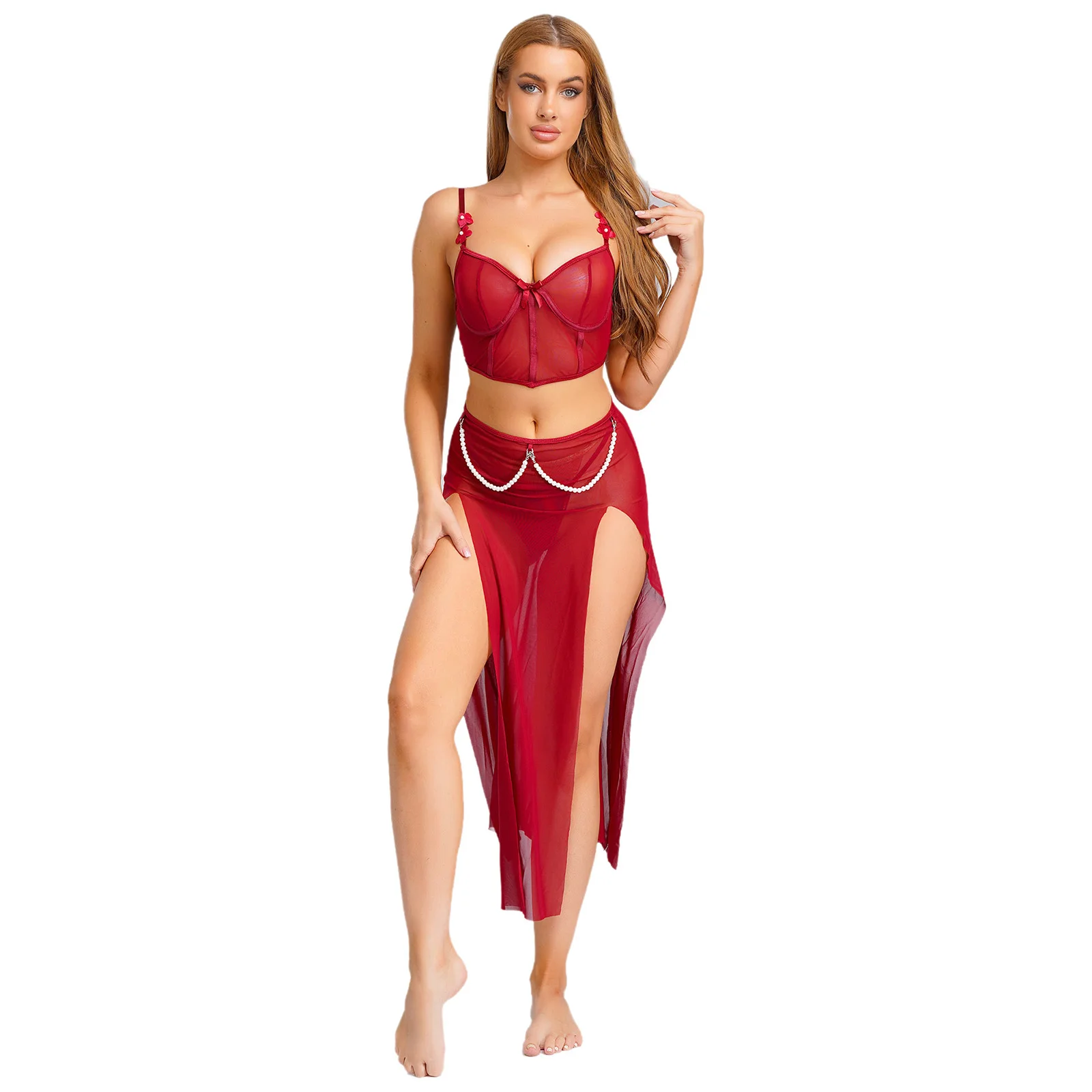 Women See Through Mesh Sexy Lingerie Sets Club Nightwear Unlined Underwire Bra Corset with T-back Thong And Split Maxi Skirt