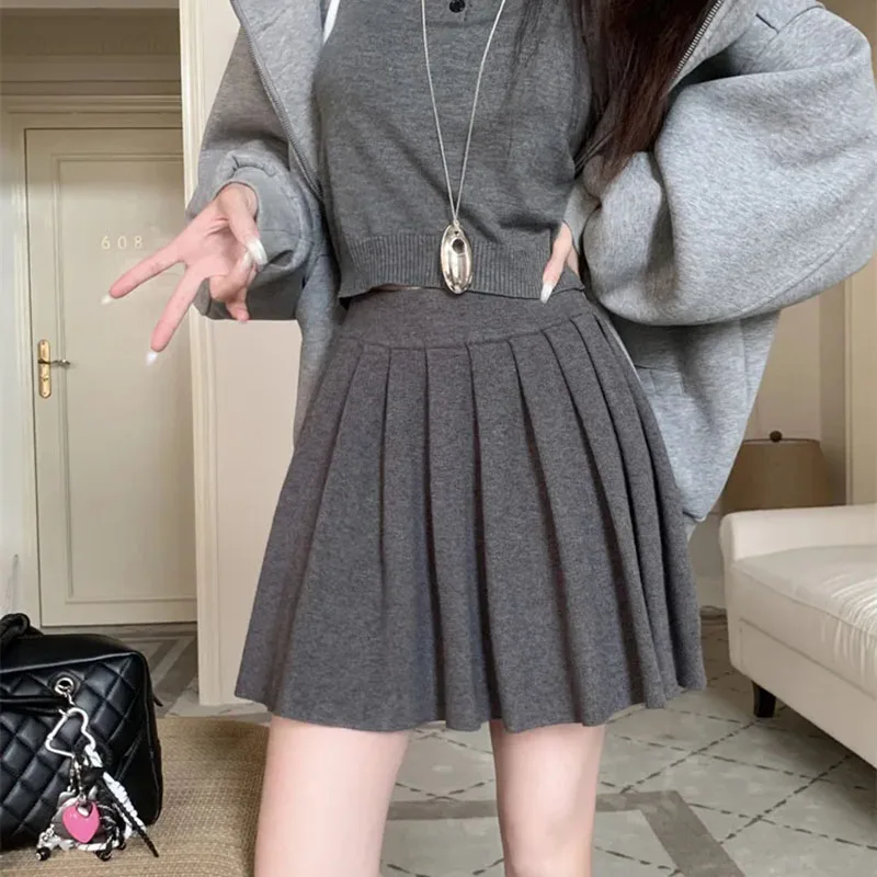 

Preppy Style Pleated Skirts for Women Autumn Winter New High Waist Slimming Knitted Mini Skirt Korean All-Match A-Line Skirts