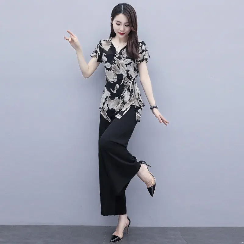 Wide Leg Pants Suits Female 2024 Summer New Two Piece Sets Womens Outfits Fashion Casual Chiffon Clothing Femme Mujer Y105