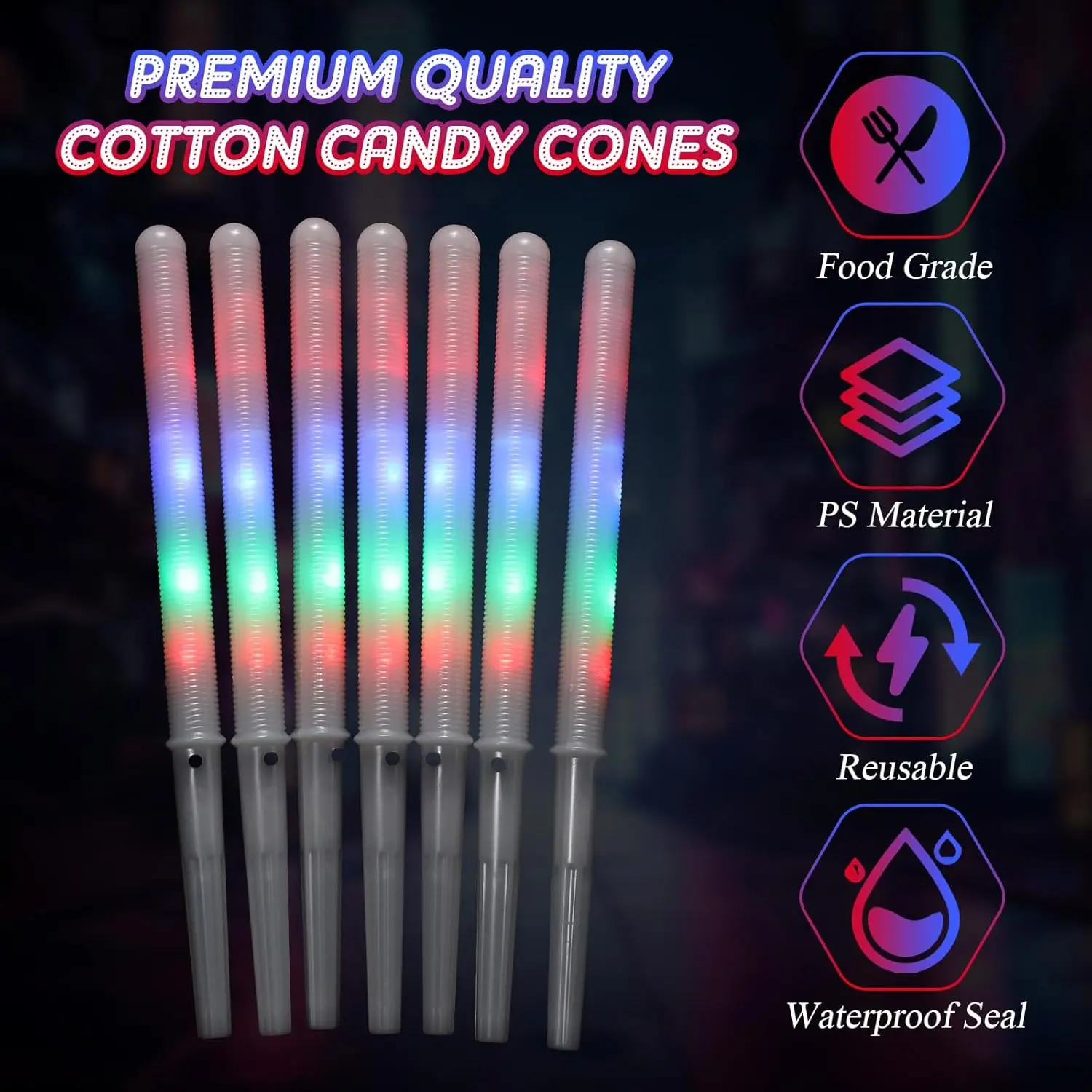 10/30pcs LED Cotton Candy Cones Multi Mode Flashing Glow Cotton Candy Sticks Reusable Cotton Candy Maker Glow Stick Kid Adult