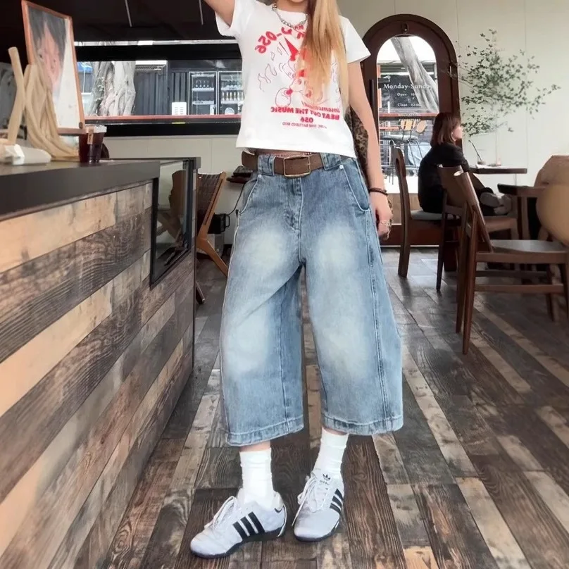 

Retro Waed Distred Wide Leg Jeans Women Loose Straight Cut Seven-Five Crop Denim Skinnies Casual Summer Blue Jeans