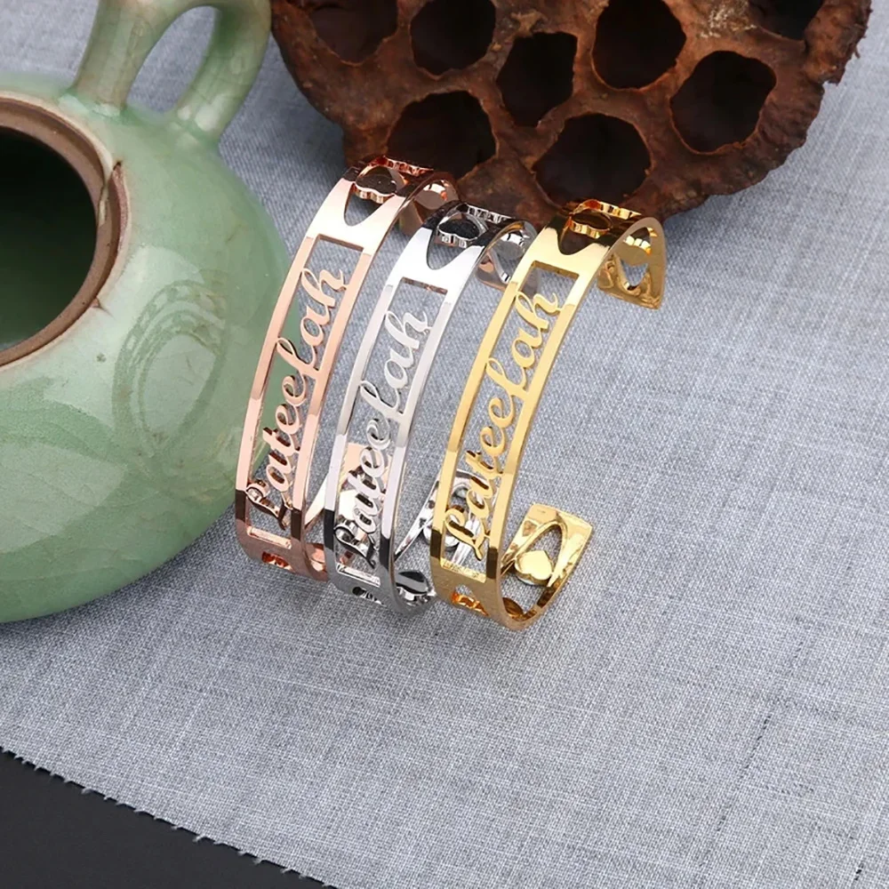 

Personalized Name Bracelet Custom Hollow Heart Stainless Steel Gold Bangle Fashion Jewelry Valentine's Day Gift For Girlfriend