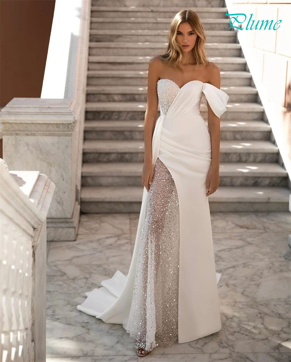 تخصيص لينة الأبيض الساتان رداء دي mariée بوهو الحبيب قبالة الكتف فستان الزفاف مثير مستقيم قطار المحكمة أثواب الزفاف #6