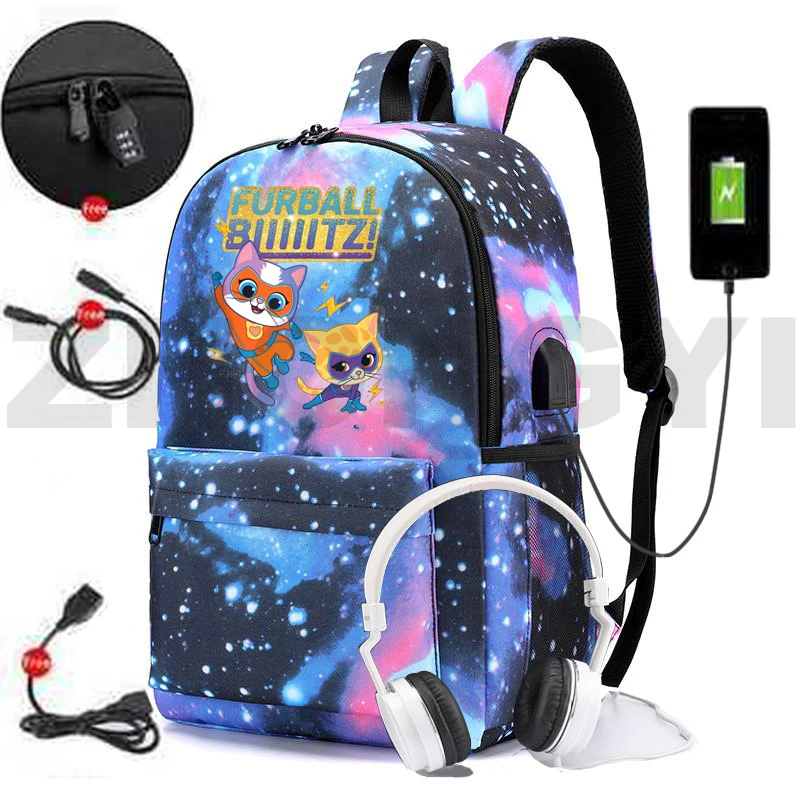 

Kawaii Anime SuperKitties Backpacks Travel Leisure Bags for Women Korean Style Teens USB Charging School Bag Cat Cartoon Bookbag